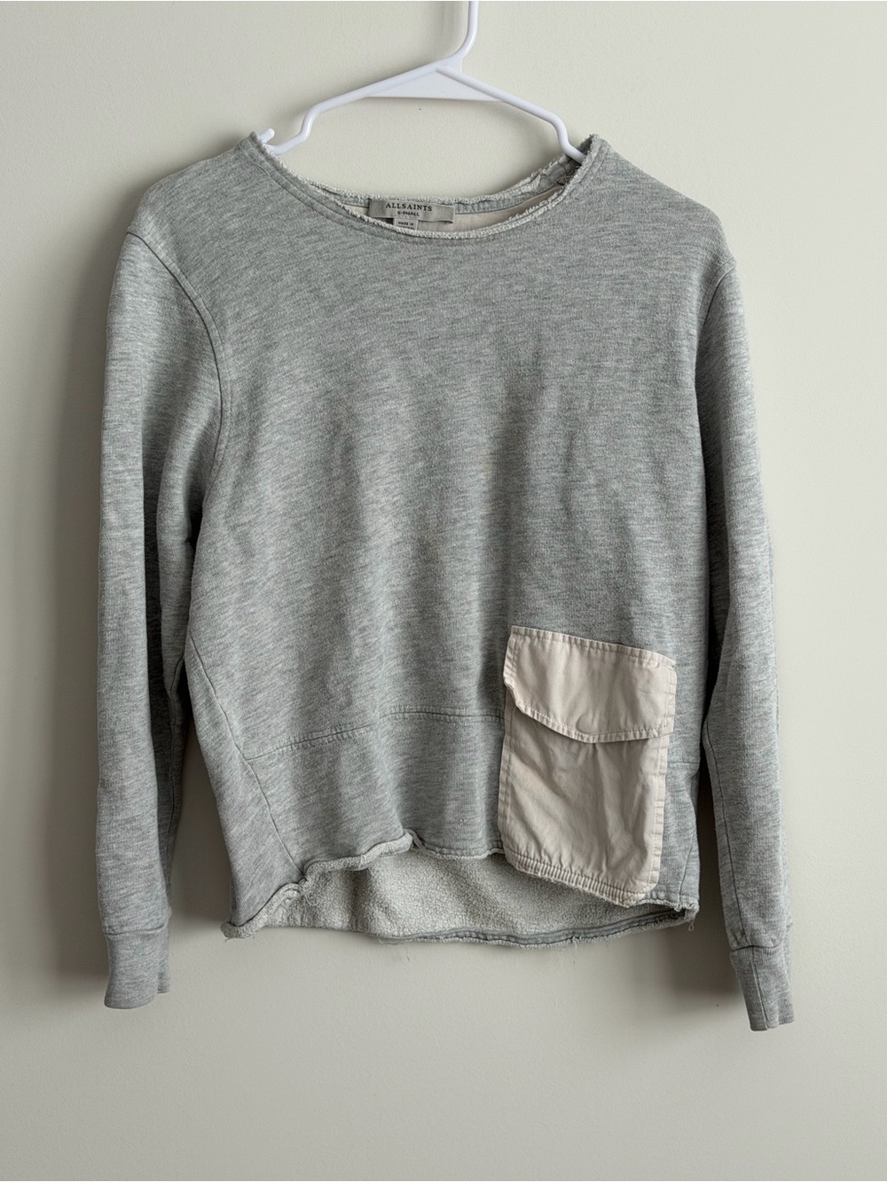 AllSaints Light Gray Crewneck Sweatshirt with Raw Edge Trim